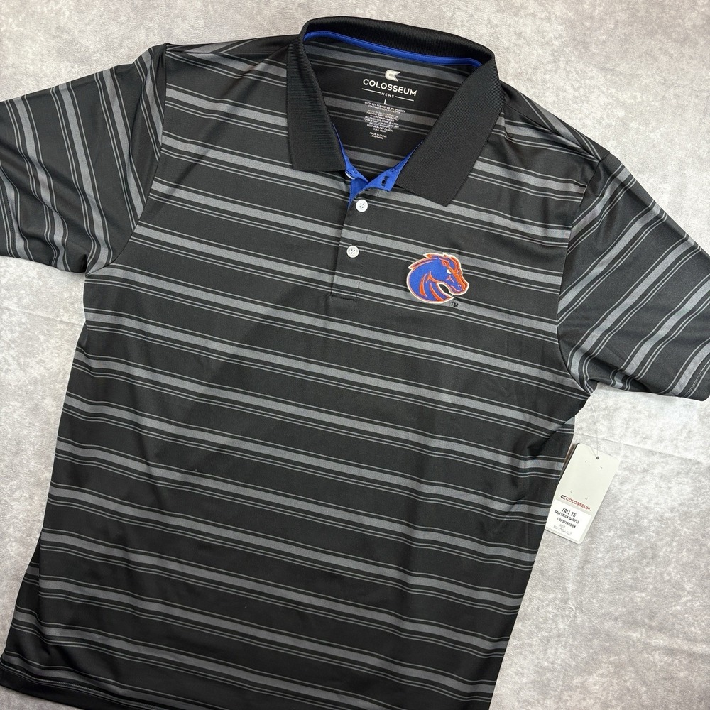 Boise State Broncos Polo Shirt Mens L Gray Striped College Rare Sample NEW